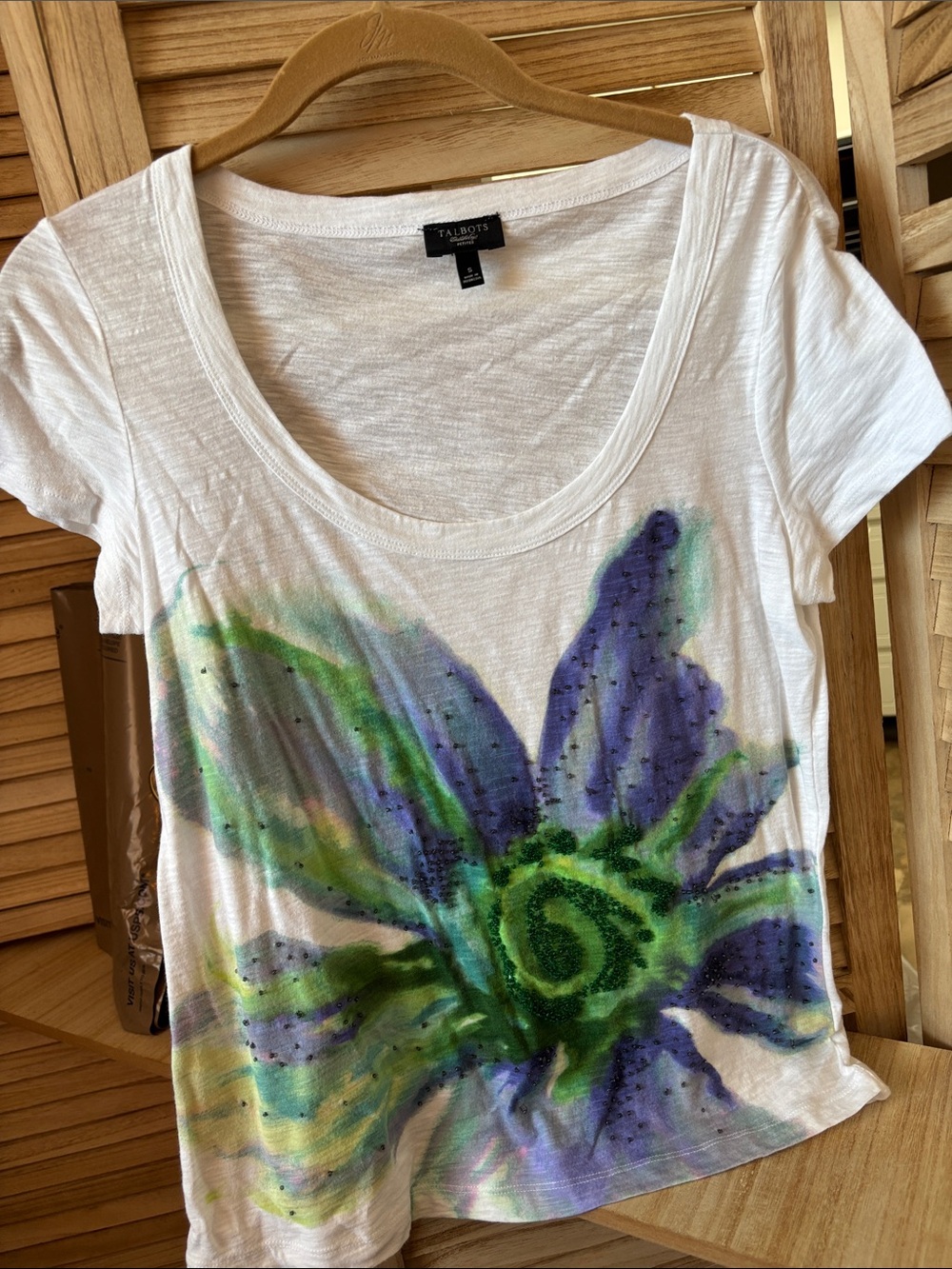 Talbots White Scoop Neck Tee with Purple and Green Watercolor Floral PS